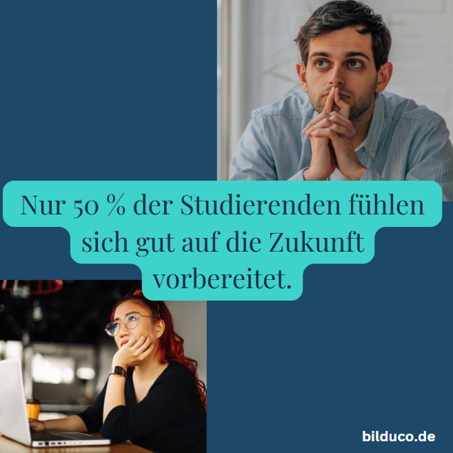 Zwei nachdenkliche Personen, eine rothaarig und eine mit Bart, denken über das Studium nach.