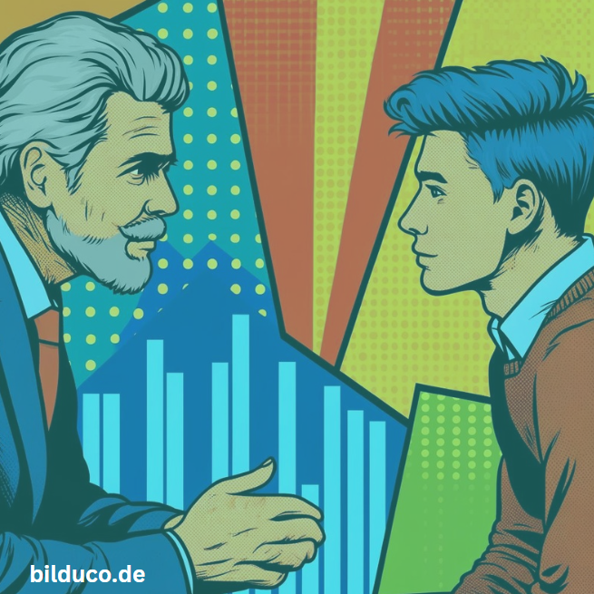 Ein älterer Mann spricht mit einem jungen Mann vor bunten, geometrischen Hintergründen.