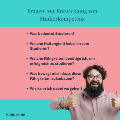 Fragen zur Entwicklung von Studierkompetenzen, darunter Bedeutung und erforderliche Fähigkeiten.