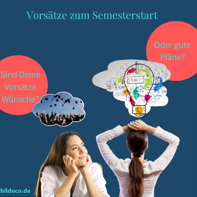 Zwei Frauen denken über Semesteranfang und Vorsätze nach, umgeben von Gedankenblasen.