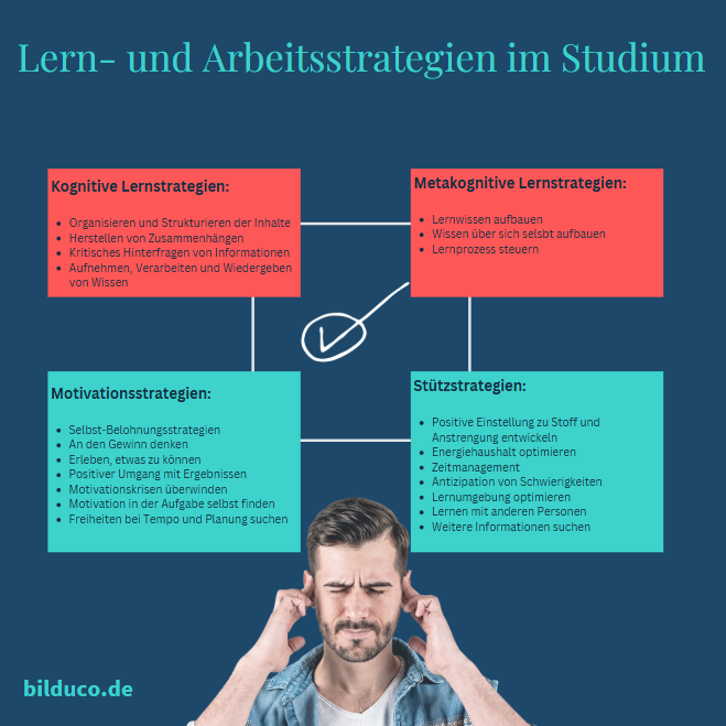 Ein Diagramm mit Lern- und Arbeitsstrategien für das Studium, einschließlich kognitiver, metakognitiver und emotionaler Ansätze.