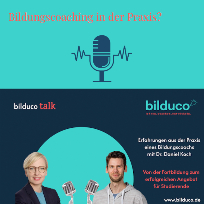 Mikrofon-Logo und Textelemente zu bildungsthematischer Diskussion.