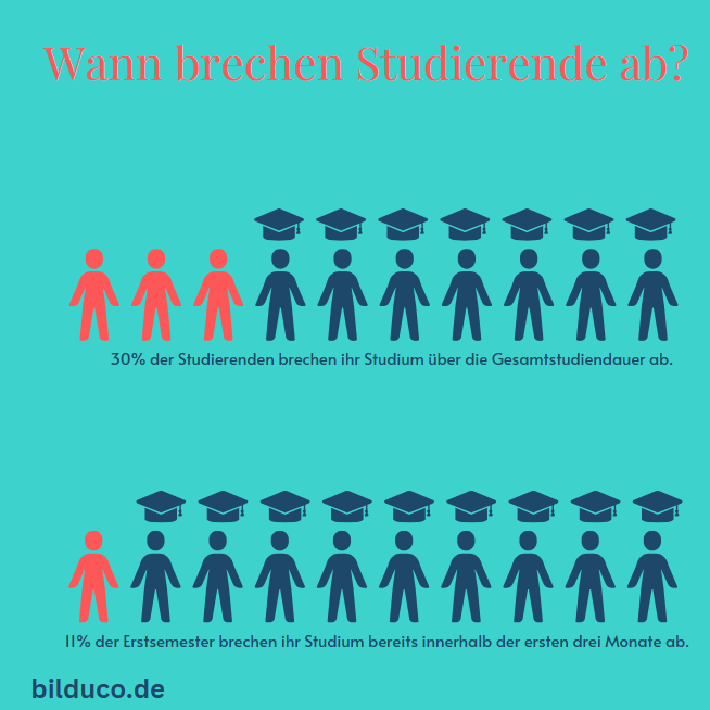 Infografik über Studienabbrüche: 50% der Studierenden brechen wegen Überforderung ab.