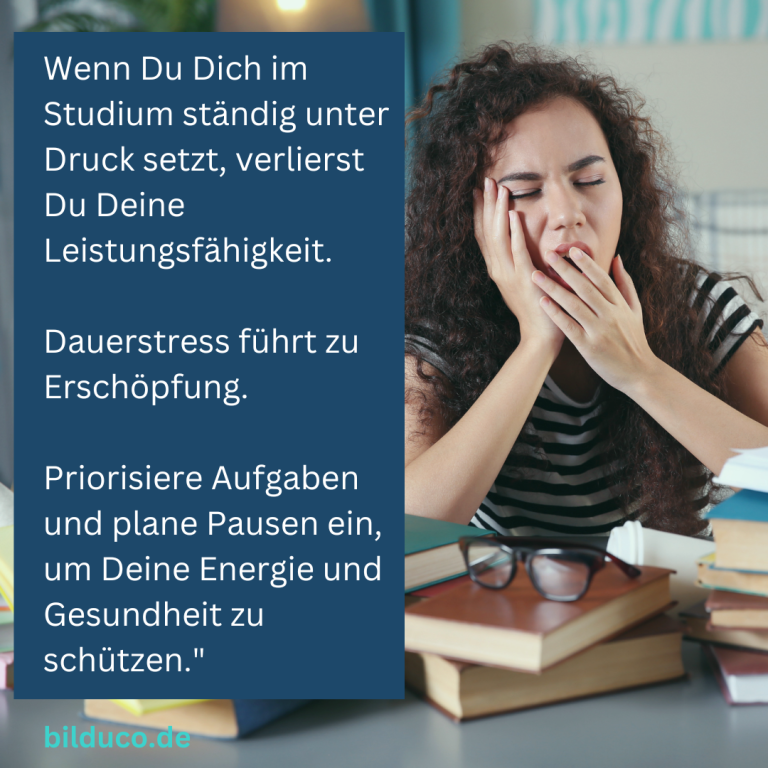 Frau mit gestresstem Ausdruck, die sich an die Stirn fasst, umgeben von Text über Stress im Studium.