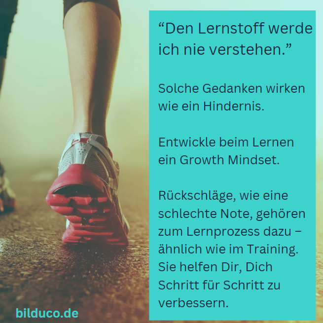 Text auf einem inspirierenden Hintergrund über Wachstum im Lernen und den Umgang mit Rückschlägen.